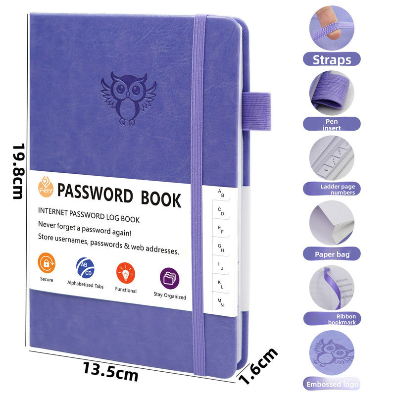 Black Password Log Book with Alphabetical Tabs Internet Address Organizer Small PU Leather Notebook with Owl Design Pen Holder and Inner Pocket Ideal for Home and Office - Product image 9