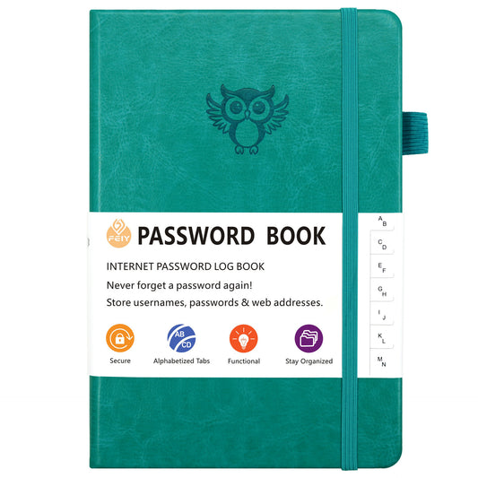 Green Password Log Book with Alphabetical Tabs Internet Address Organizer Small PU Leather Notebook with Owl Design Pen Holder and Inner Pocket Ideal for Home and Office - Main product image