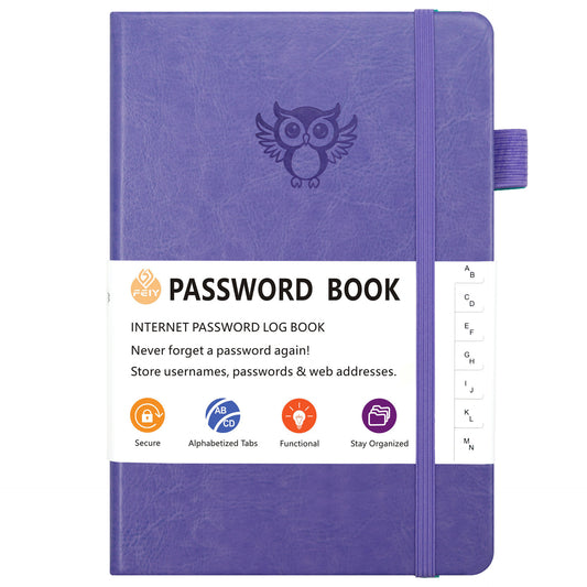 Light purple Password Log Book with Alphabetical Tabs Internet Address Organizer Small PU Leather Notebook with Owl Design Pen Holder and Inner Pocket Ideal for Home and Office - Main product image