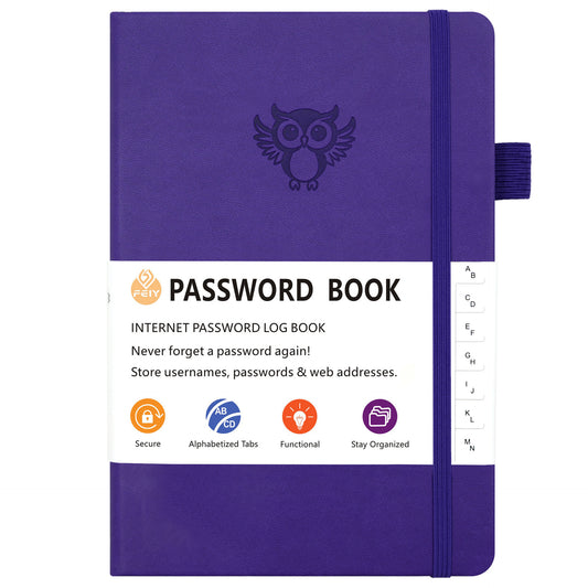 Deep purple Password Log Book with Alphabetical Tabs Internet Address Organizer Small PU Leather Notebook with Owl Design Pen Holder and Inner Pocket Ideal for Home and Office - Main product image