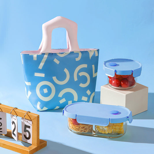 Insulated Lunch Bag Tote Fashion Graffiti Print with Soft Padded Handle Waterproof Thermal Cooler Bento Case for Work School and Picnics Blue with Pink Handle - Main product image