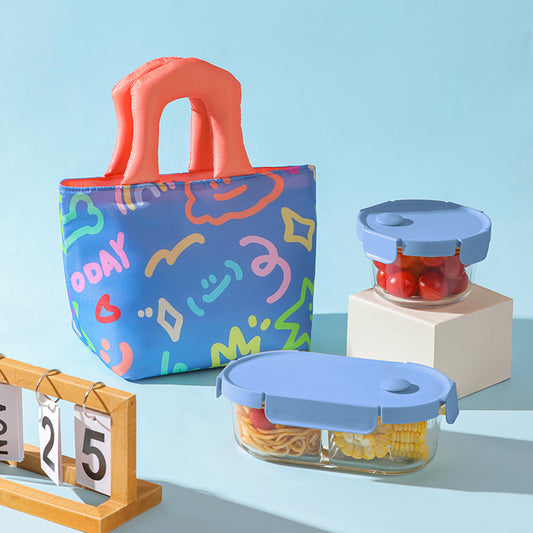 Insulated Lunch Bag Tote Fashion Graffiti Print with Soft Padded Handle Waterproof Thermal Cooler Bento Case for Work School and Picnics Blue with Orange Handle - Main product image