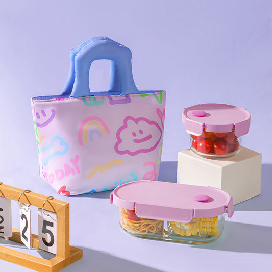 Insulated Lunch Bag Tote Fashion Graffiti Print with Soft Padded Handle Waterproof Thermal Cooler Bento Case for Work School and Picnics Blue with Purple Handle - Main product image