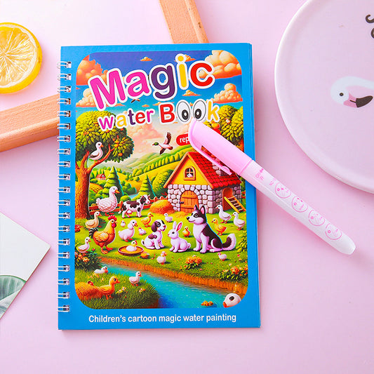 2 PCS Magic Water Colouring Book Reusable Mess Free Painting Set Animal Farm and Fairy Princess Themes with Refillable Water Pens for Kids Travel Activity - Main product image