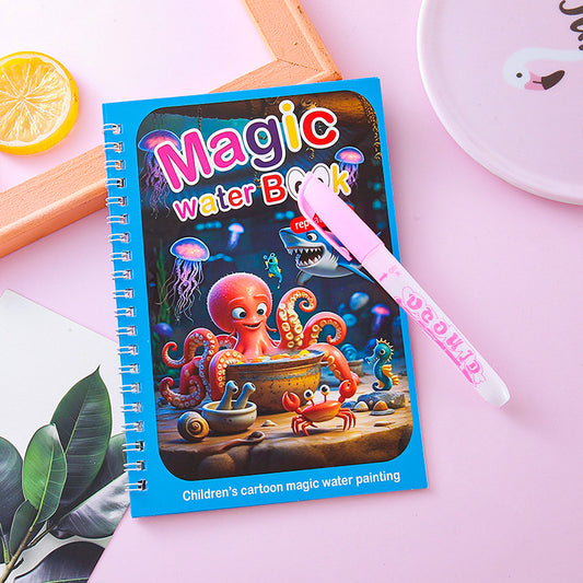 2 PCS Magic Water Colouring Book Reusable Mess Free Painting Set Underwater Ocean and Train Themes with Refillable Water Pens for Kids Travel Activity - Main product image