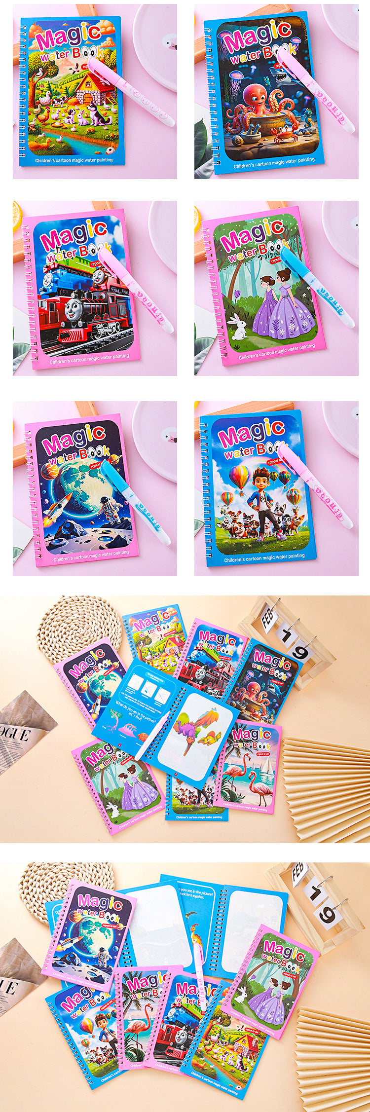 2 PCS Magic Water Colouring Book Reusable Mess Free Painting Set Underwater Ocean and Train Themes with Refillable Water Pens for Kids Travel Activity - Product image 3