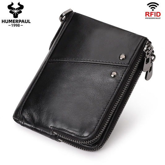Genuine Leather Mens Wallet Double Zipper - RFID Blocking Bifold Card Holder with Coin Pocket