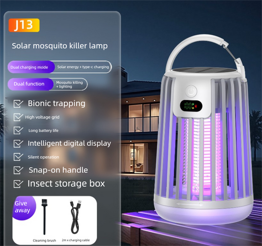 Solar Bug Zapper & Camping Light - 2000V Electric Mosquito Killer with Type-C USB Charging - Portable Insect Trap for Outdoor Patio Garden & Camping - Smart Battery Display - White - Main product image