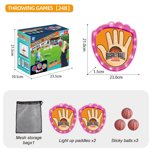 LED Light Up Toss and Catch Game Set - 2 Glowing Pink Paddles & 3 Sticky Basketball - Fun Outdoor Beach & Camping Toy for Kids & Adults - Includes Mesh Storage Bag - Main product image