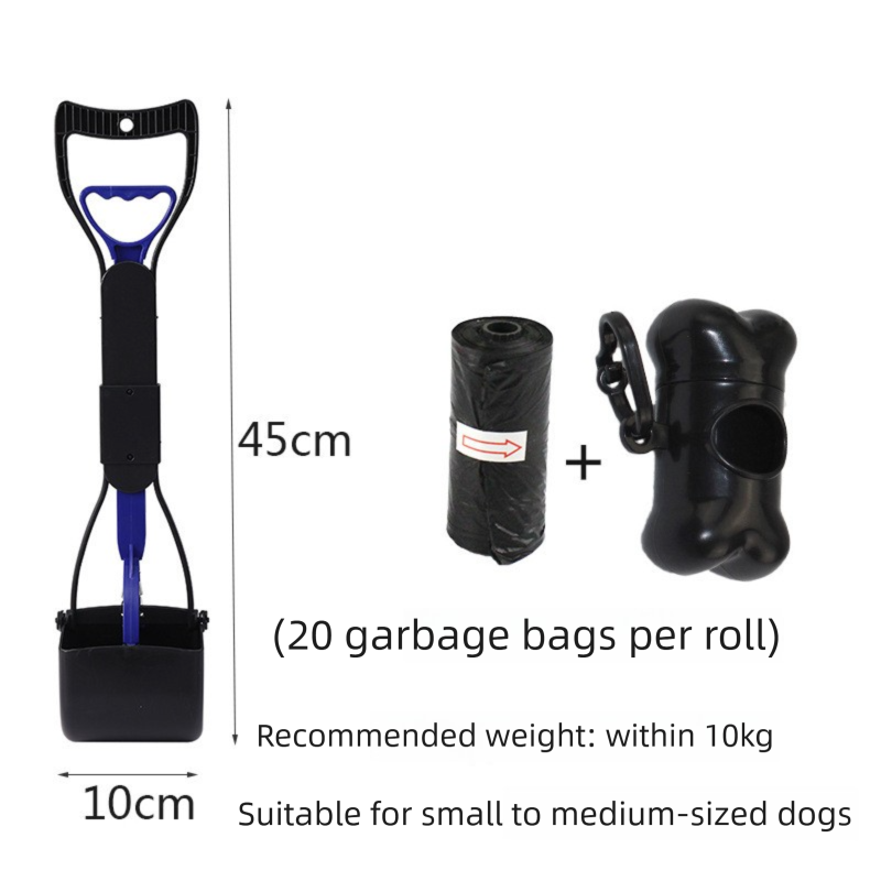 Medium Foldable Pet Pooper Scooper 45cm Portable Dog Waste Jaw Clamp with Bone Dispenser & 20 Bags Blue - Main product image