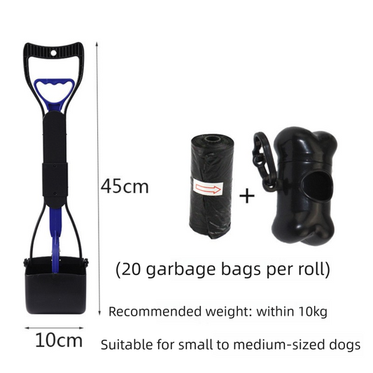 Medium Foldable Pet Pooper Scooper 45cm Portable Dog Waste Jaw Clamp with Bone Dispenser & 20 Bags Blue - Main product image