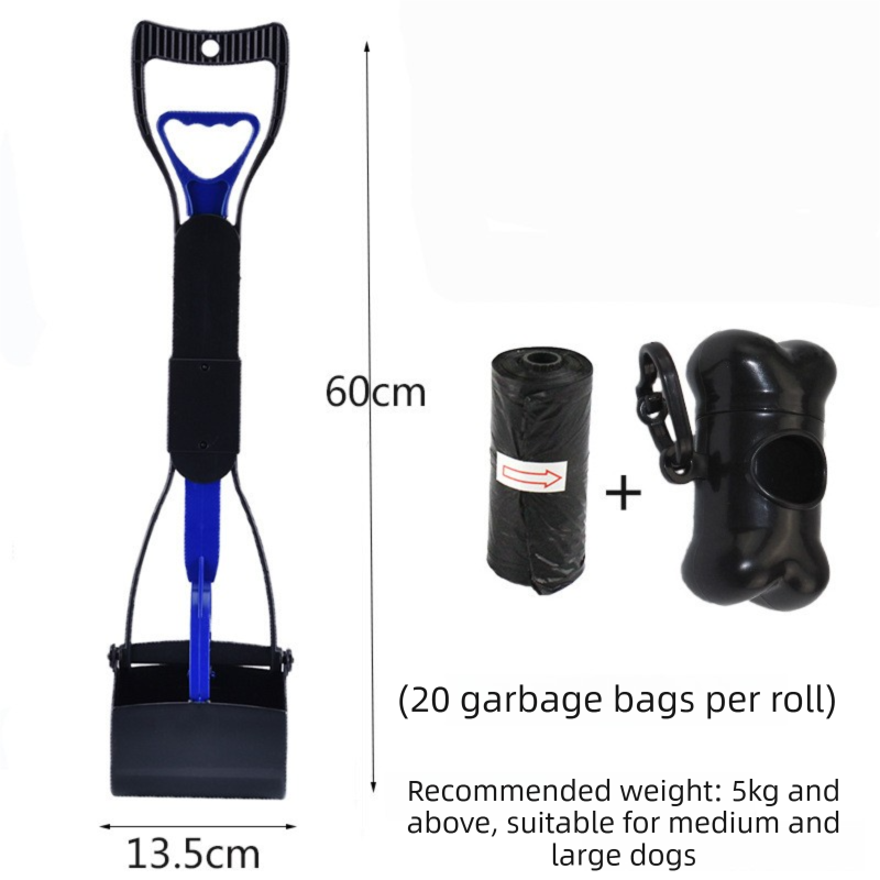 Large Foldable Pet Pooper Scooper 60cm Long Handle Dog Waste Picker Jaw Clamp with Bone Dispenser & Bags Blue - Main product image