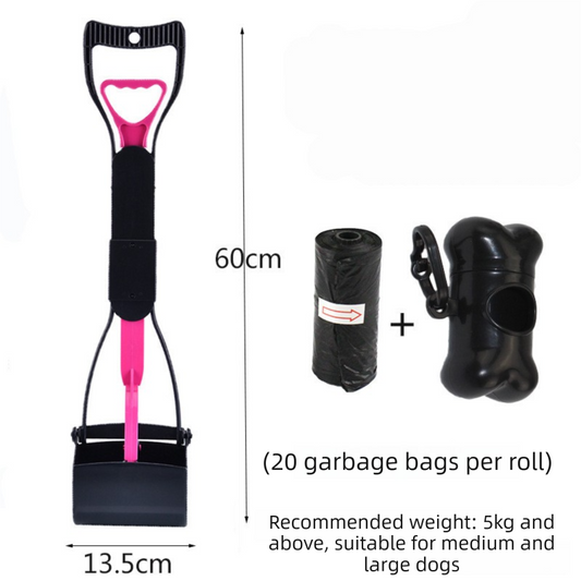 Large Foldable Pet Pooper Scooper 60cm Long Handle Dog Waste Picker Jaw Clamp with Bone Dispenser & Bags Pink - Main product image