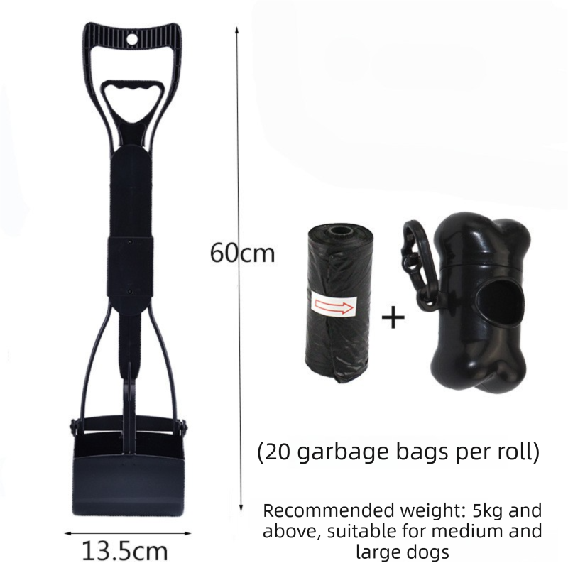 Large Foldable Pet Pooper Scooper 60cm Long Handle Dog Waste Picker Jaw Clamp with Bone Dispenser & Bags Black - Main product image