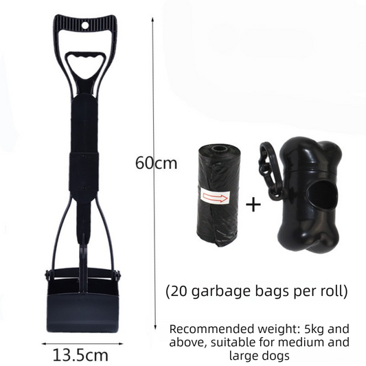 Large Foldable Pet Pooper Scooper 60cm Long Handle Dog Waste Picker Jaw Clamp with Bone Dispenser & Bags Black - Main product image