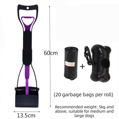 Large Foldable Pet Pooper Scooper 60cm Long Handle Dog Waste Picker Jaw Clamp with Bone Dispenser & Bags Purple - Main product image