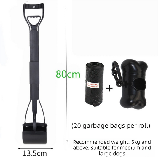 Super Long 80cm Foldable Pet Pooper Scooper Heavy Duty Dog Waste Picker No Bending Jaw Clamp with Dispenser & Bags Black - Main product image