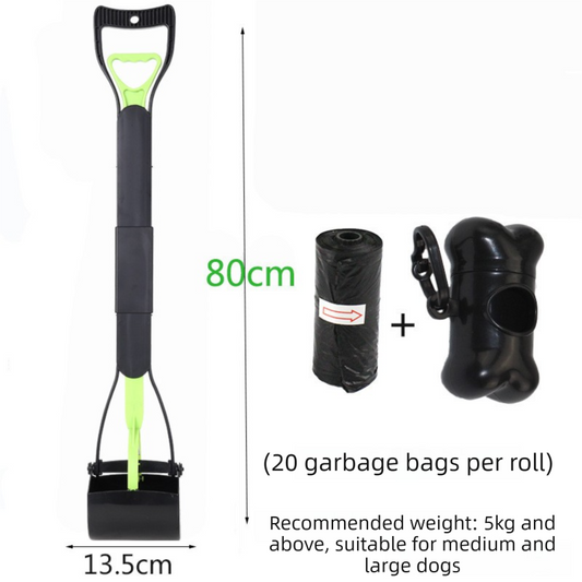Super Long 80cm Foldable Pet Pooper Scooper Heavy Duty Dog Waste Picker No Bending Jaw Clamp with Dispenser & Bags Green - Main product image
