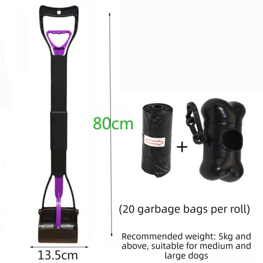 Super Long 80cm Foldable Pet Pooper Scooper Heavy Duty Dog Waste Picker No Bending Jaw Clamp with Dispenser & Bags Purple - Main product image