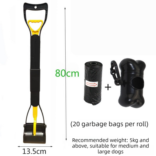Super Long 80cm Foldable Pet Pooper Scooper Heavy Duty Dog Waste Picker No Bending Jaw Clamp with Dispenser & Bags Yellow - Main product image