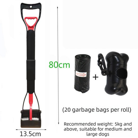 Super Long 80cm Foldable Pet Pooper Scooper Heavy Duty Dog Waste Picker No Bending Jaw Clamp with Dispenser & Bags Red - Main product image