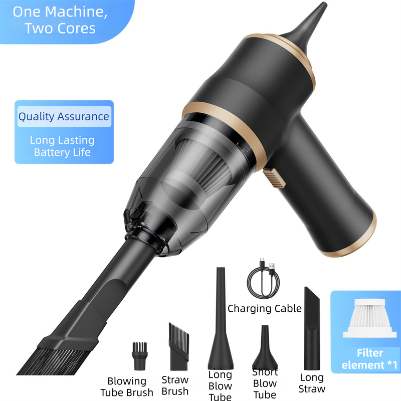 4 - in1 Black Wireless Compact Handheld Car Vacuum Cleaner & Air Duster with 5 Nozzles - Brushes - 15000 Pa Ultra - Powerful Blower - Suction Tool for Auto, Home & Office