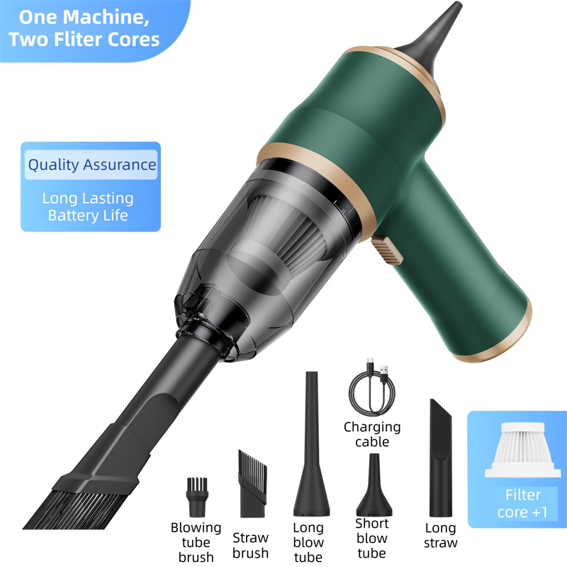 4 - in1 Black Wireless Compact Handheld Car Vacuum Cleaner & Air Duster with 5 Nozzles - Brushes - 15000 Pa Ultra - Powerful Blower - Suction Tool for Auto, Home & Office
