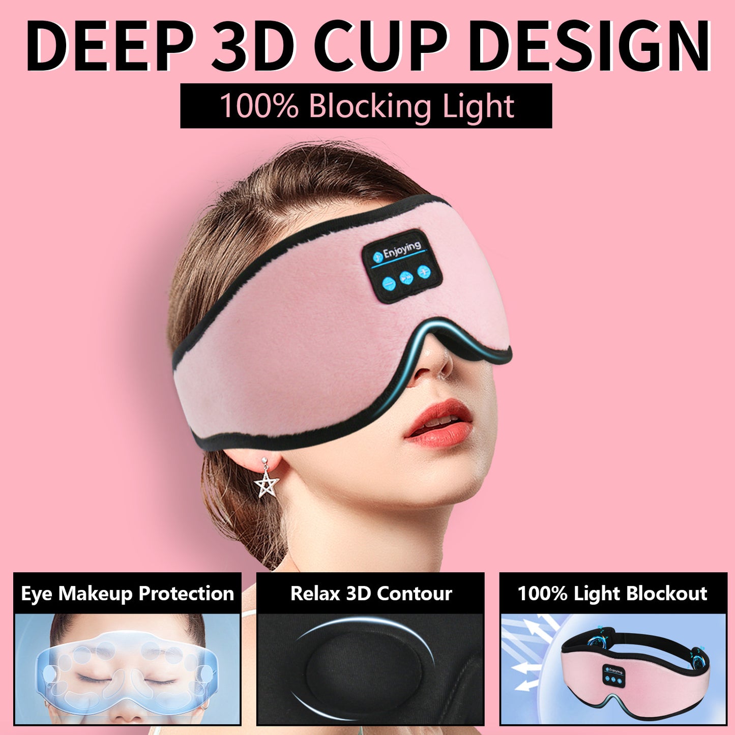 Black 3D Wireless Bluetooth Sleep Mask with Integrated Stereo Headphones - 100% Blackout Memory Foam Eye Mask, Ultra-Long Battery Life & Washable Design