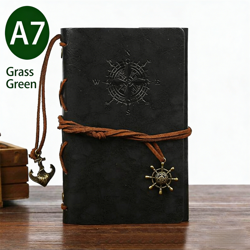 2-Pack A7 Nautical Vintage PU Leather Student Notebook - Pirate Style Strapped Diary with 150 Pages of Refillable Kraft Paper(Grass Green) - Main product image