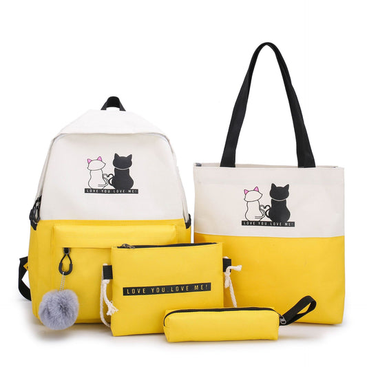 4-Piece Yellow Student Backpack Set with Cat Print - Durable Canvas School Bag Combo - Includes Backpack, Tote Bag, Crossbody Bag & Pencil Case - Main product image
