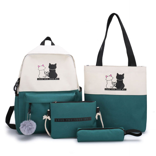 4-Piece Green Student Backpack Set with Cat Print - Durable Canvas School Bag Combo - Includes Backpack, Tote Bag, Crossbody Bag & Pencil Case - Main product image