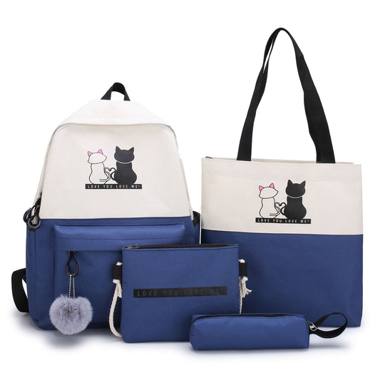 4-Piece Blue Student Backpack Set with Cat Print - Durable Canvas School Bag Combo - Includes Backpack, Tote Bag, Crossbody Bag & Pencil Case - Main product image