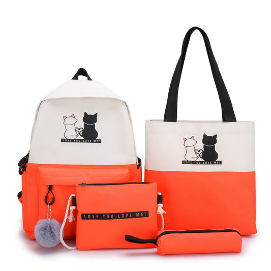 4-Piece Orange Student Backpack Set with Cat Print - Durable Canvas School Bag Combo - Includes Backpack, Tote Bag, Crossbody Bag & Pencil Case - Main product image