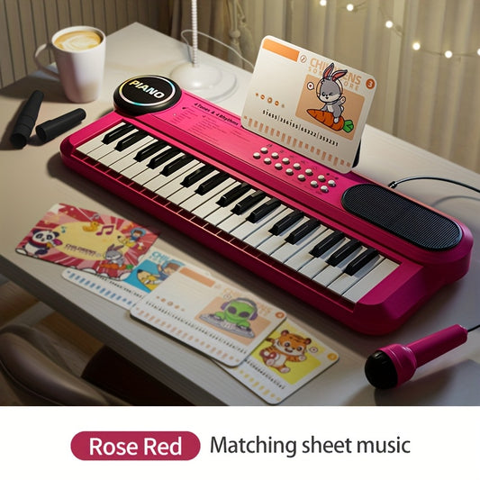 Portable Kids' Electronic Piano with Sheet Music and Microphone - Professional 37-Key Tactile Feedback, Support Recording & Multiple Performance Modes, Beginner-Friendly & Durable Musical Toy(Rose Red) - Main product image