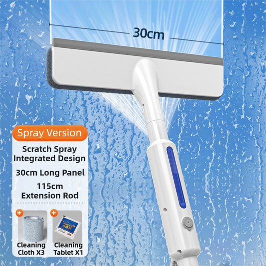3-in-1 Spray Window Squeegee with 30cm Clean-Panel & 115cm Extension Pole - Multi-functional Spray, Scrub & Squeegee Tool with 3 Microfiber Cloths - Main product image