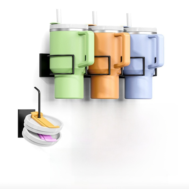 Drill-Free Magnetic Cup Organizer with Dedicated Lid Hook - Heavy Duty Carbon Steel Side Rack for Stanley Tumblers - Main product image
