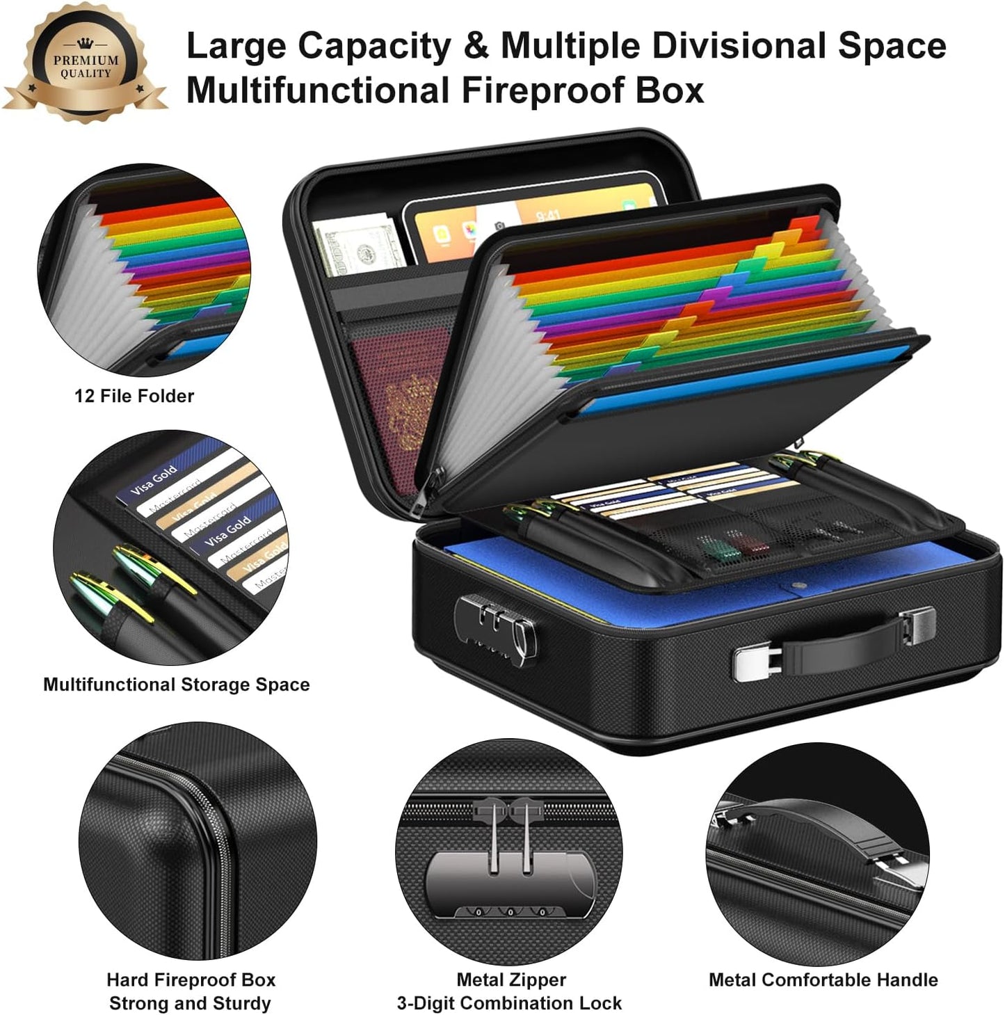 3-Layer Fireproof & Waterproof File Organizer Box(38x28x13CM) with Security Lock - EVA Muti-Functional Safety Briefcase for Certificates, Passports & Valuables - Product image 2