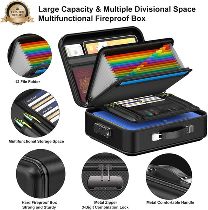 3-Layer Fireproof & Waterproof File Organizer Box(38x28x13CM) with Security Lock - EVA Muti-Functional Safety Briefcase for Certificates, Passports & Valuables - Product image 2