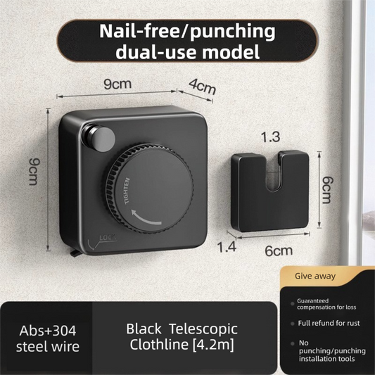 Black 4.2M Heavy Duty Invisible Retractable Clothesline - Rustproof & Drill-Free Laundry Hanger with 20kg Load Capacity - Main product image