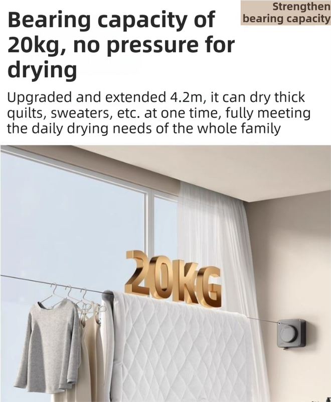 Black 4.2M Heavy Duty Invisible Retractable Clothesline - Rustproof & Drill-Free Laundry Hanger with 20kg Load Capacity - Product image 5