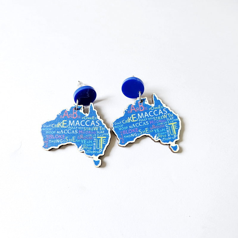 Wooden Australia Map Silhouette Earrings - Lightweight Geometric Ear Drops, Cultural Decor Gift