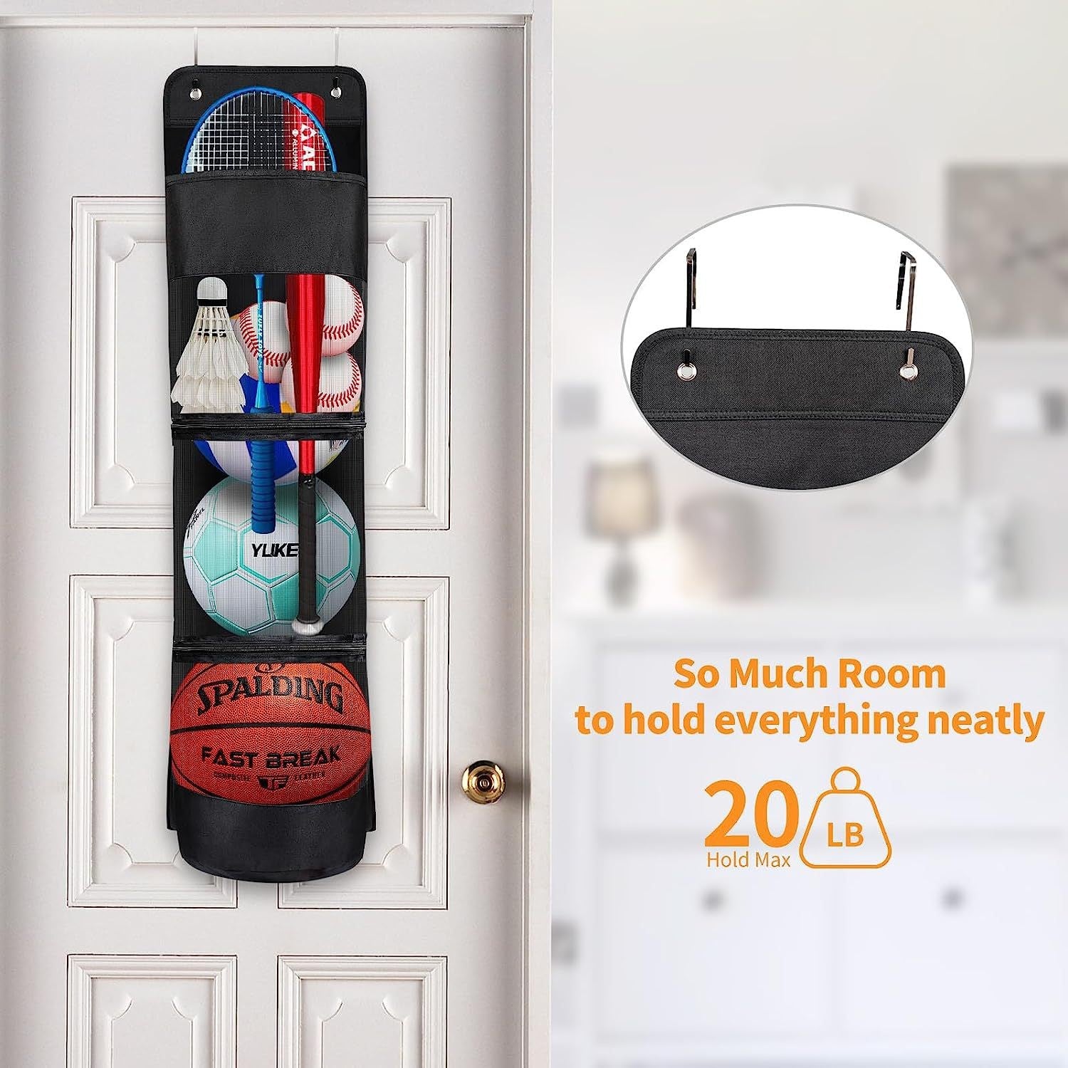 Over-the-Door Hanging Sports Gear Organizer With Zipper for Easy-Access to Bottom - Heavy-Duty Mesh Storage Bag for Balls & Kids' Toys - Product image 3