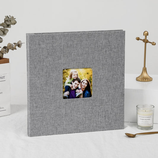 Grey Linen Self-Adhesive Photo Album DIY Scrapbook with Cover Window 11x10.6 Inch for Family Wedding Travel Memories Preservation Australian Home - Main product image