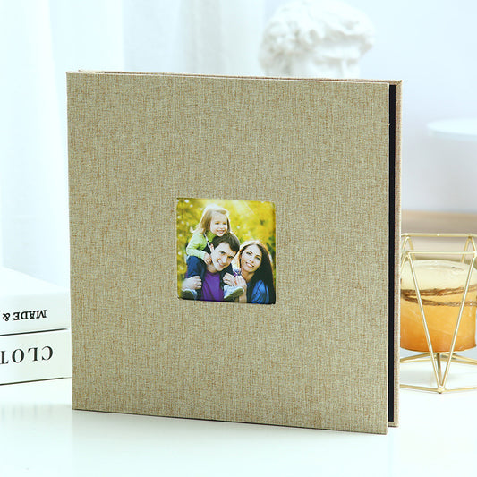 Brown Linen Self-Adhesive Photo Album DIY Scrapbook with Cover Window 11x10.6 Inch for Family Wedding Travel Memories Preservation Australian Home - Main product image