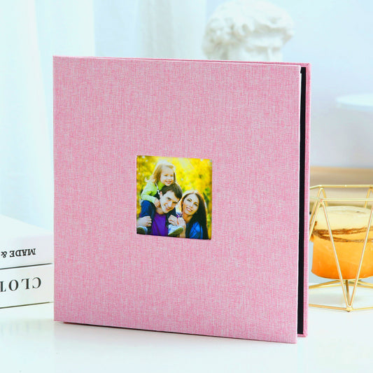 Pink Linen Self-Adhesive Photo Album DIY Scrapbook with Cover Window 11x10.6 Inch for Family Wedding Travel Memories Preservation Australian Home - Main product image