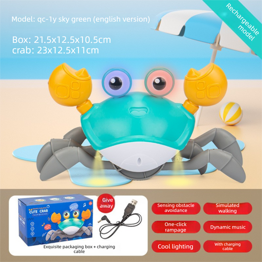Electric Induction Crawling Crab Baby Toy Interactive Obstacle Avoidance Moving Pet with Music & Light USB Rechargeable Tummy Time Gift Sky Green - Main product image