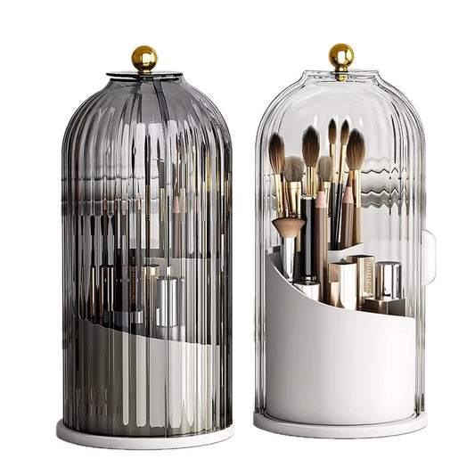 2 PCS Rotating Makeup Brush Organiser Set Dustproof Cosmetic Storage Holder White & Grey Duo for Vanity Bathroom - Main product image
