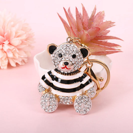 Black Stripe Crystal Bear Keychain Sparkly Rhinestone Bag Charm Cute Alloy Keyring Gift  - Main product image
