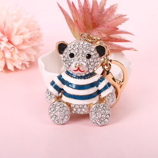 Blue Stripe Crystal Bear Keychain Sparkly Rhinestone Bag Charm Cute Alloy Keyring Gift  - Main product image