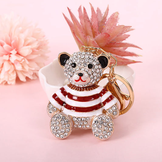 Red Stripe Crystal Bear Keychain Sparkly Rhinestone Bag Charm Cute Alloy Keyring Gift  - Main product image